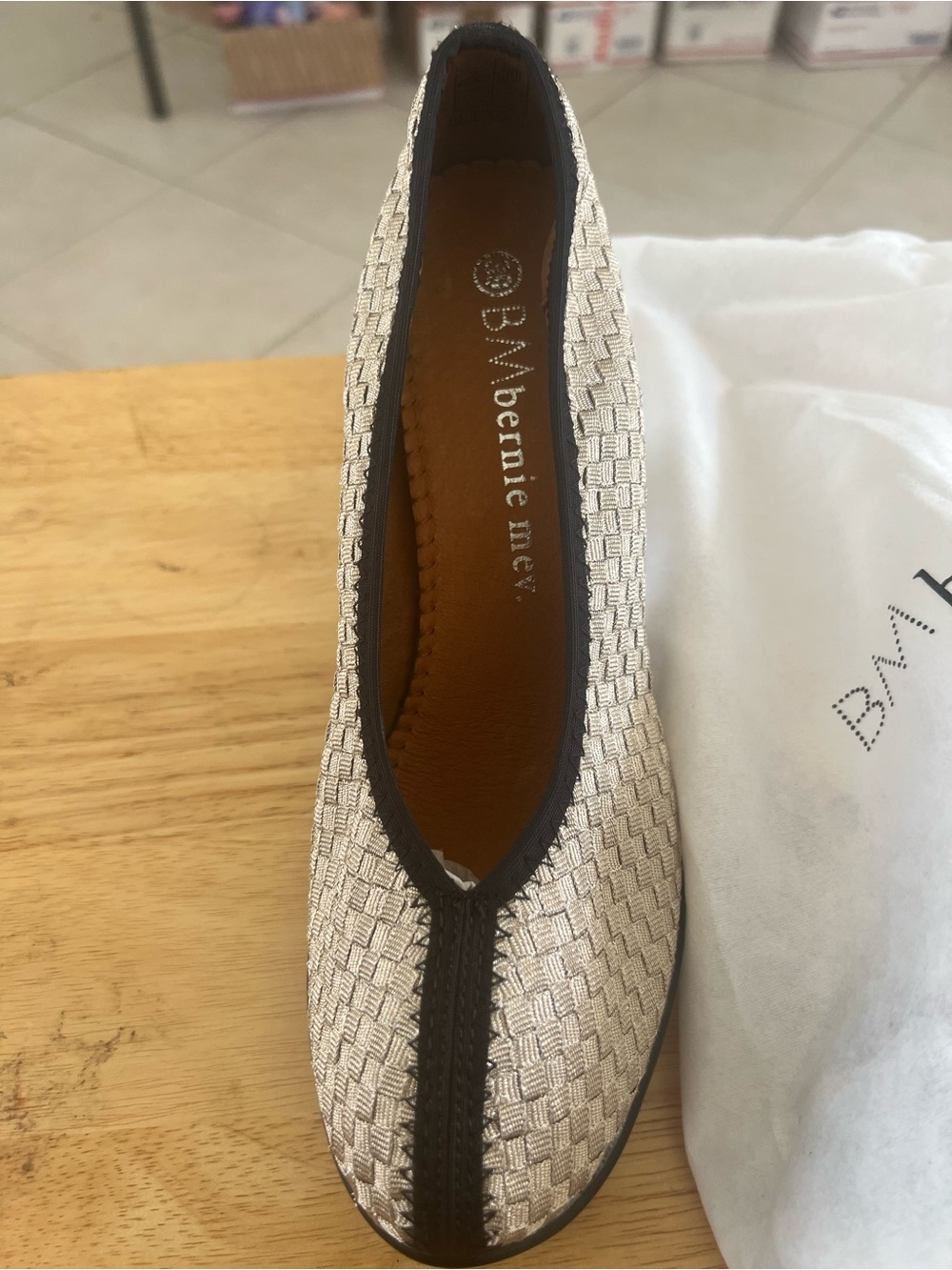 bernie mev. Silver Woven Pointed Toe heels with Black Trim